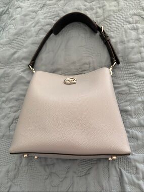 Coach Pebbled Leather Shoulder Bag in Light Gray with Dark Brown Strap